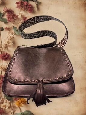 Women's Dark Brown Leather Crossbody Bag with Stud Trim and Tassel